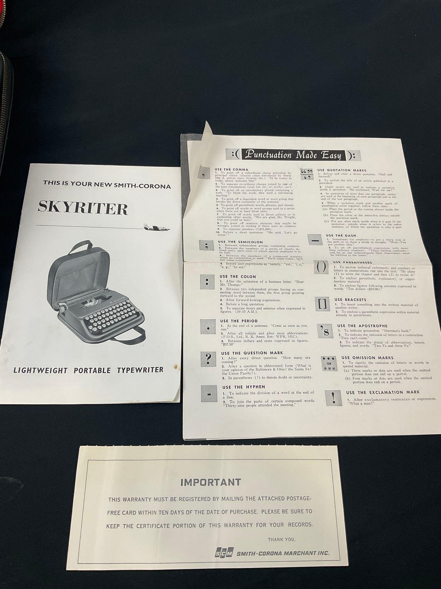 1950s Smith-Corona Skyriter Portable Typewriter w/ original case & manual