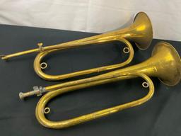 Pair of Antique Brass Bugle Horns, Weathered With Age