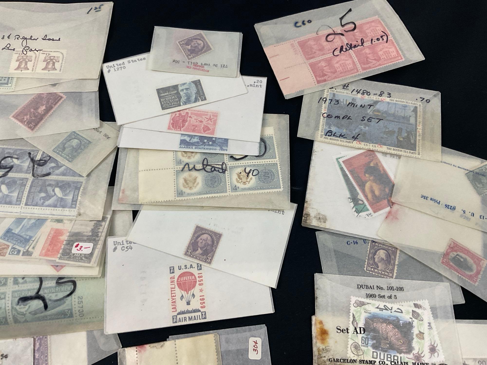 Collection of Stamps, nice variety US & Intl Stamps in Envelopes & small album of individual stamps