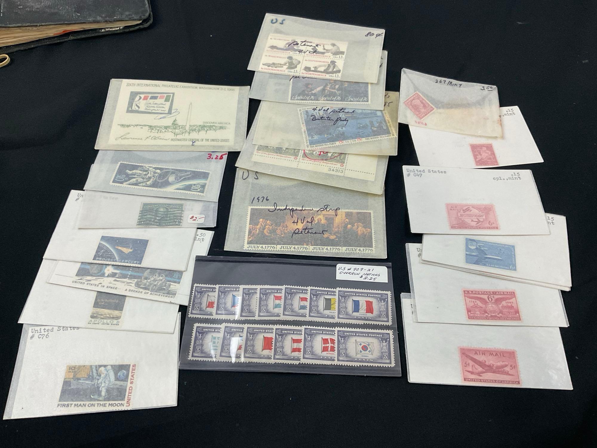 Collection of Stamps, nice variety US & Intl Stamps in Envelopes & small album of individual stamps