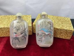 Pair of Chinese Reverse Painted Snuff Bottles, Goldfinch, Bluebird and two others