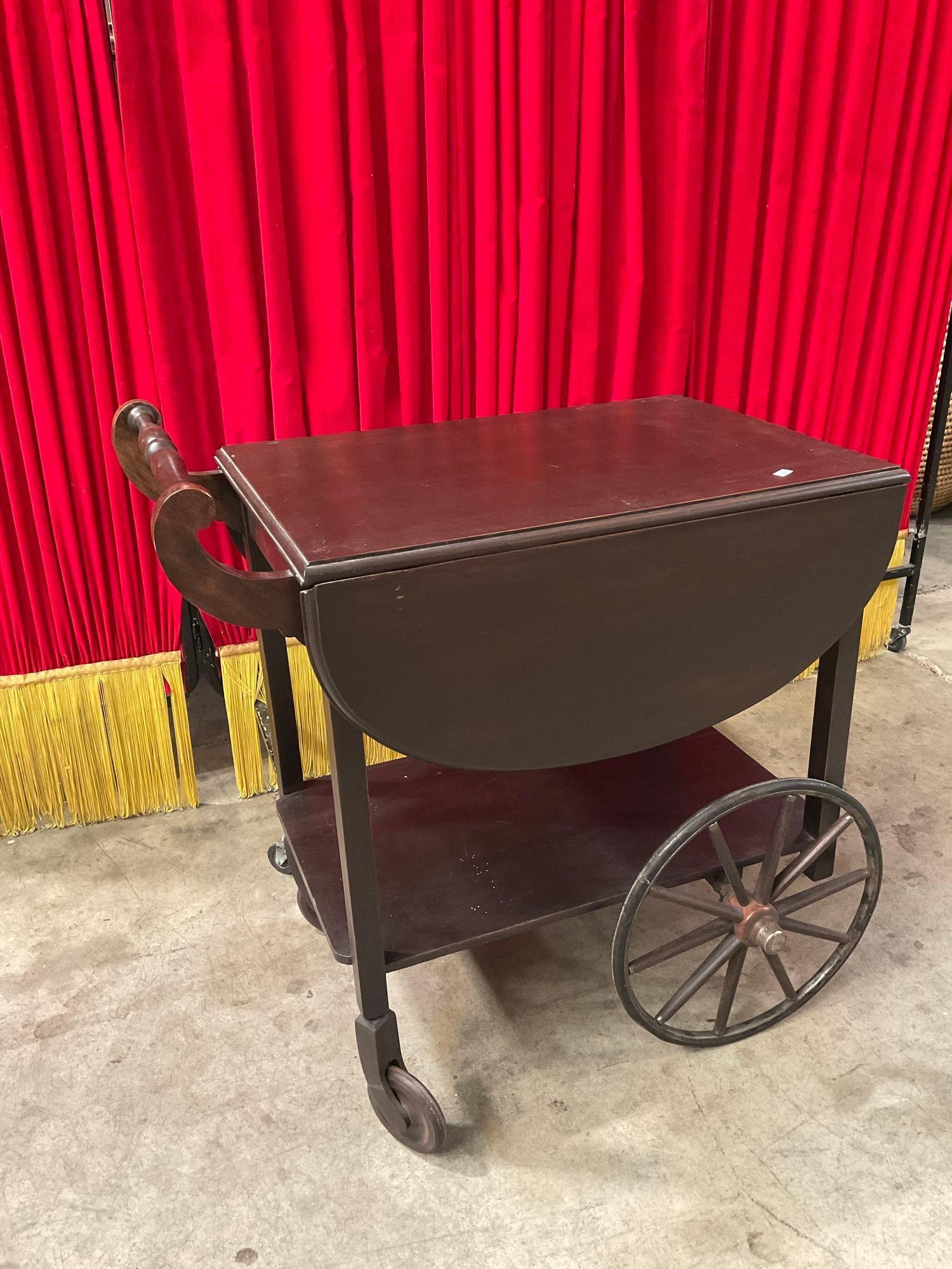 Antique Wheeled Wooden Tea Cart w/ Drop Leaf Table Top. Stands 29" Tall. See pics.