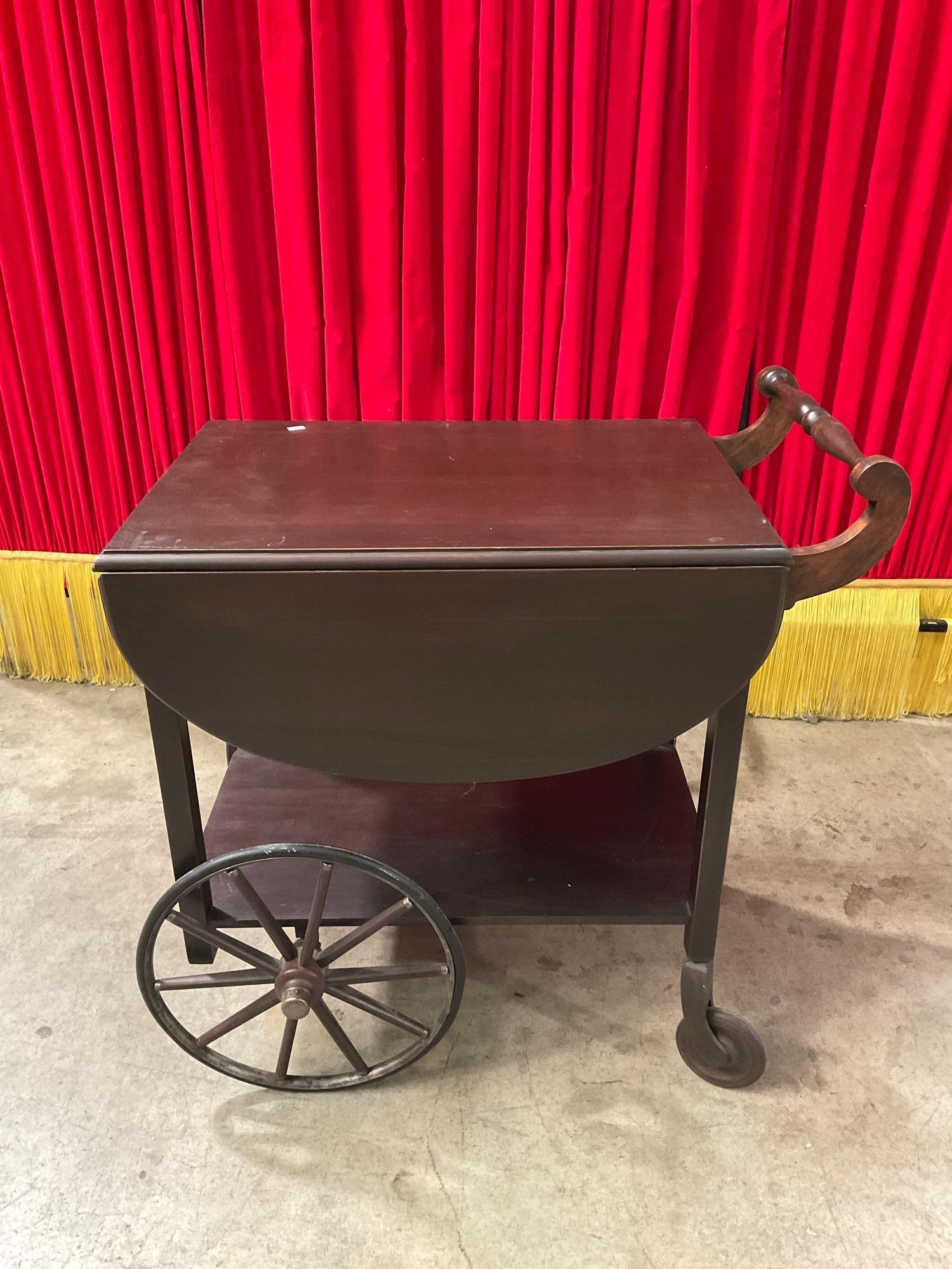 Antique Wheeled Wooden Tea Cart w/ Drop Leaf Table Top. Stands 29" Tall. See pics.