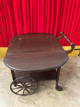 Antique Wheeled Wooden Tea Cart w/ Drop Leaf Table Top. Stands 29" Tall. See pics.