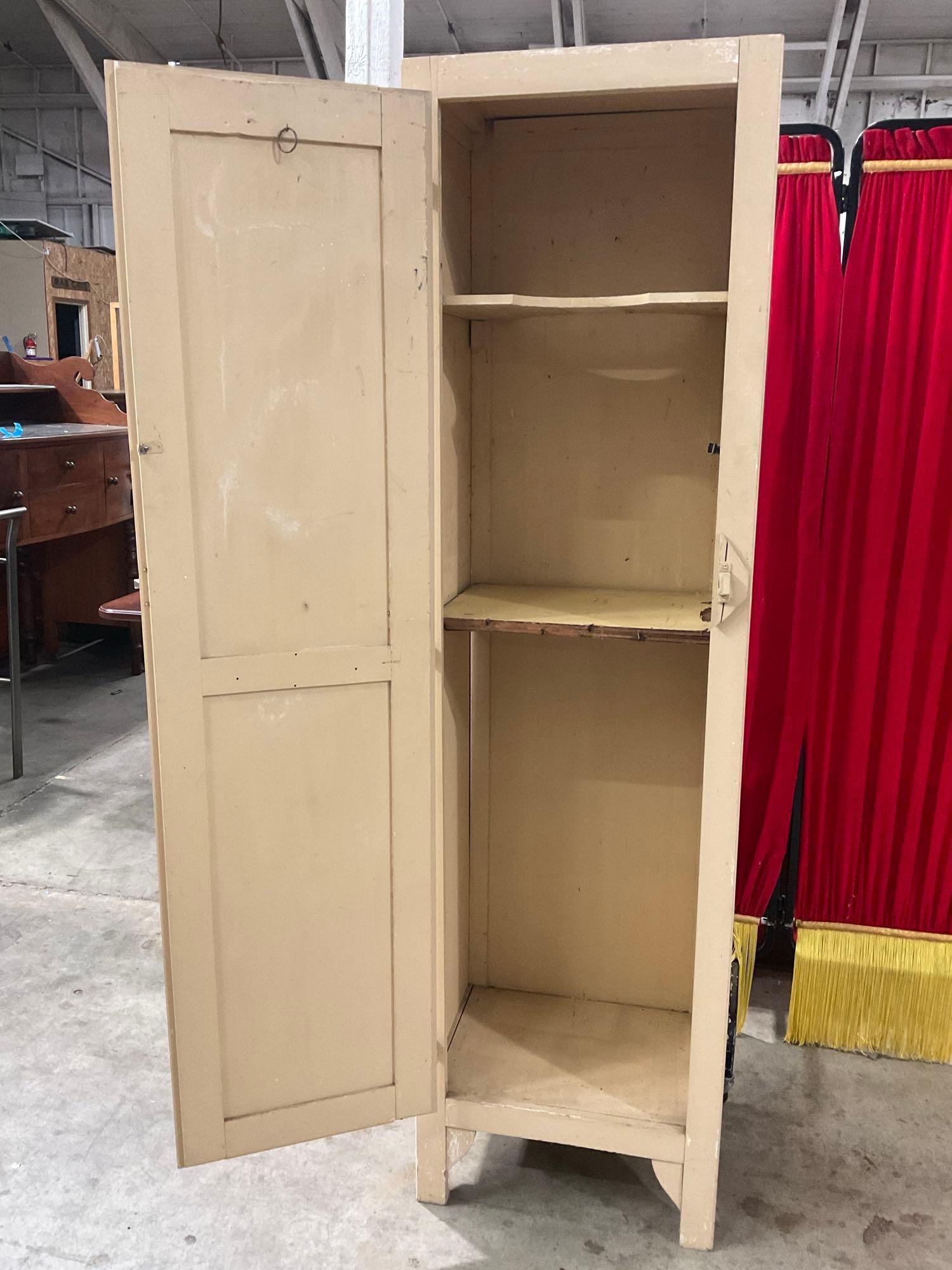 Vintage Cream Painted Wooden Kitchen Cupboard w/ 2 Shelves & Blue Pattern on Door. See pics.