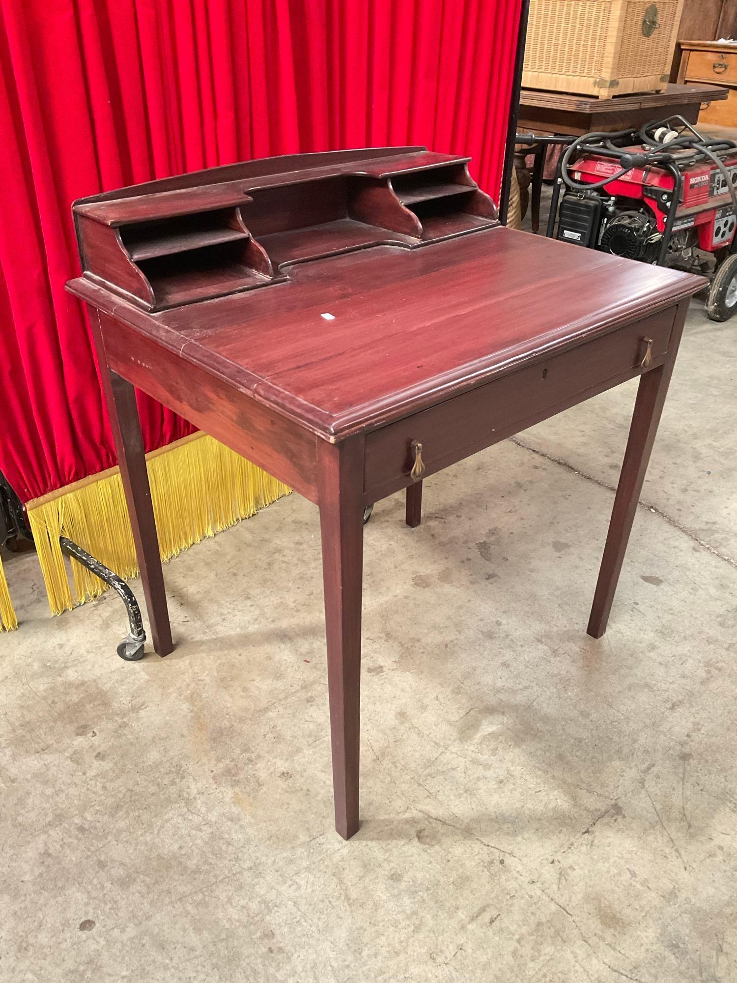 Vintage Wooden Cherry Stained Writing Desk w/ Drawer, Letter Compartments & Brass Knobs. See pics.