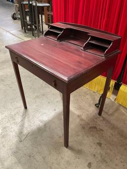 Vintage Wooden Cherry Stained Writing Desk w/ Drawer, Letter Compartments & Brass Knobs. See pics.