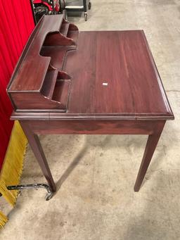 Vintage Wooden Cherry Stained Writing Desk w/ Drawer, Letter Compartments & Brass Knobs. See pics.