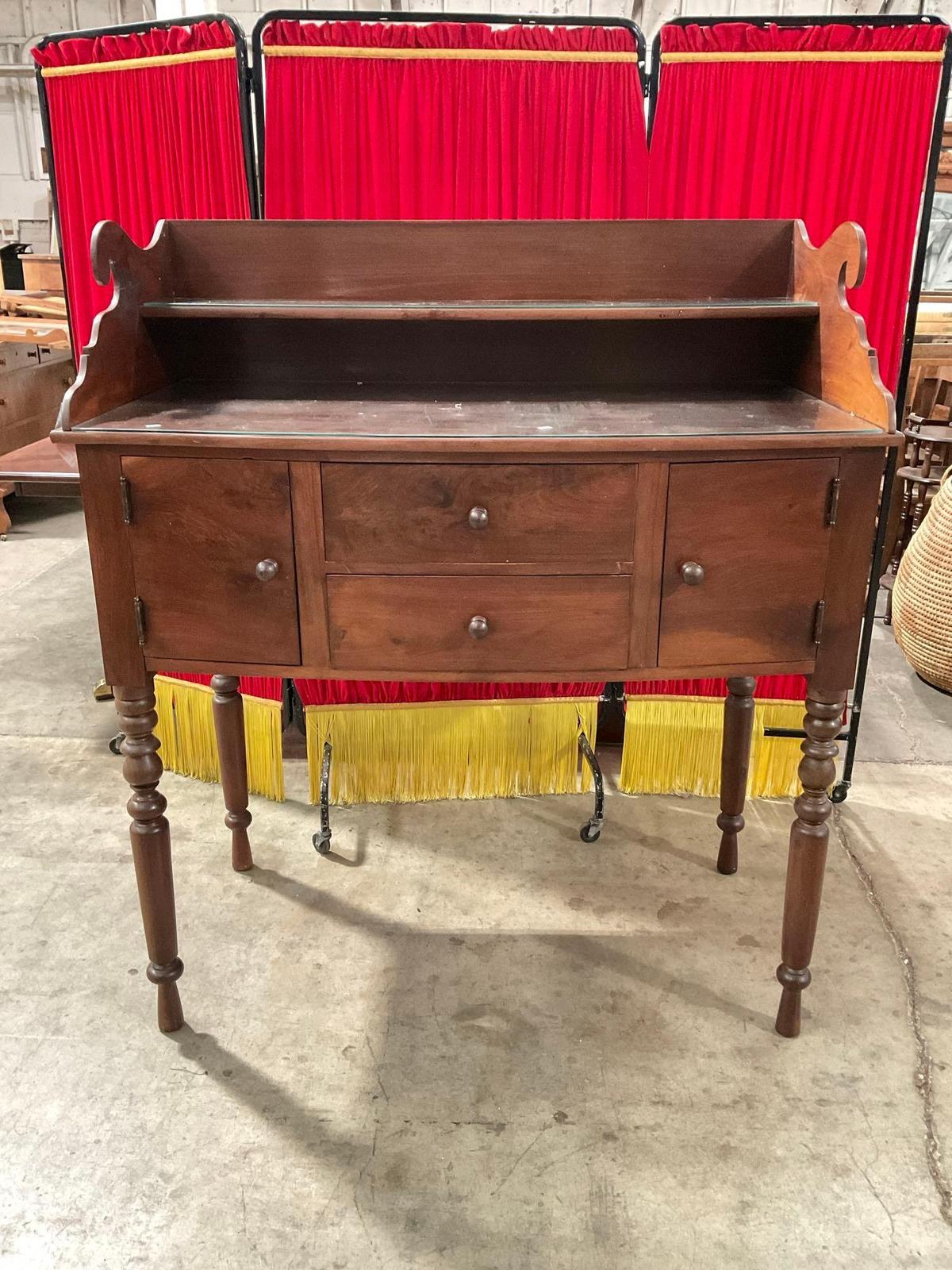 Vintage Wooden Glass Topped Two-Tier Side Server w/ 2 Drawers & 2 Cupboards. See pics.