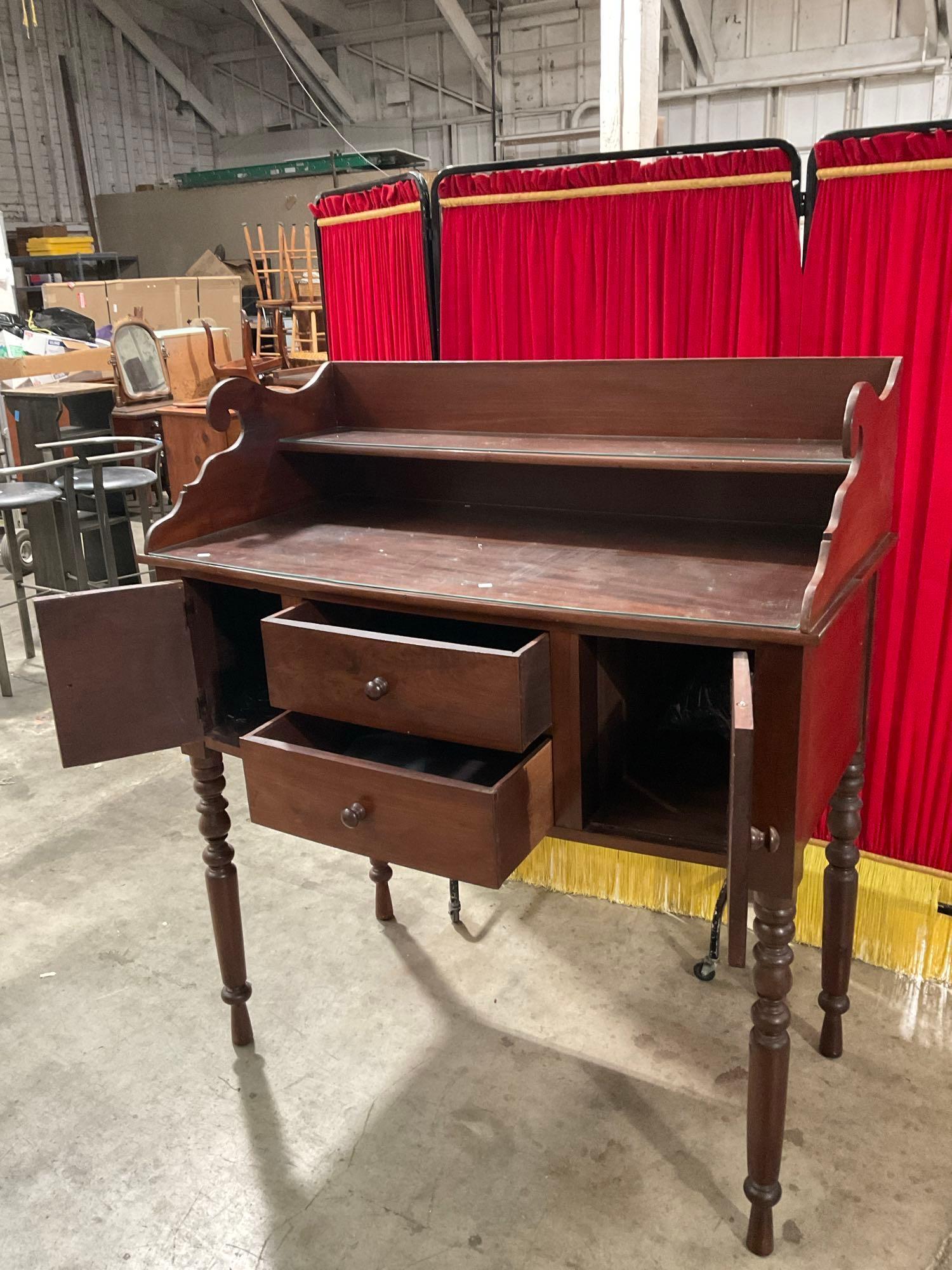 Vintage Wooden Glass Topped Two-Tier Side Server w/ 2 Drawers & 2 Cupboards. See pics.