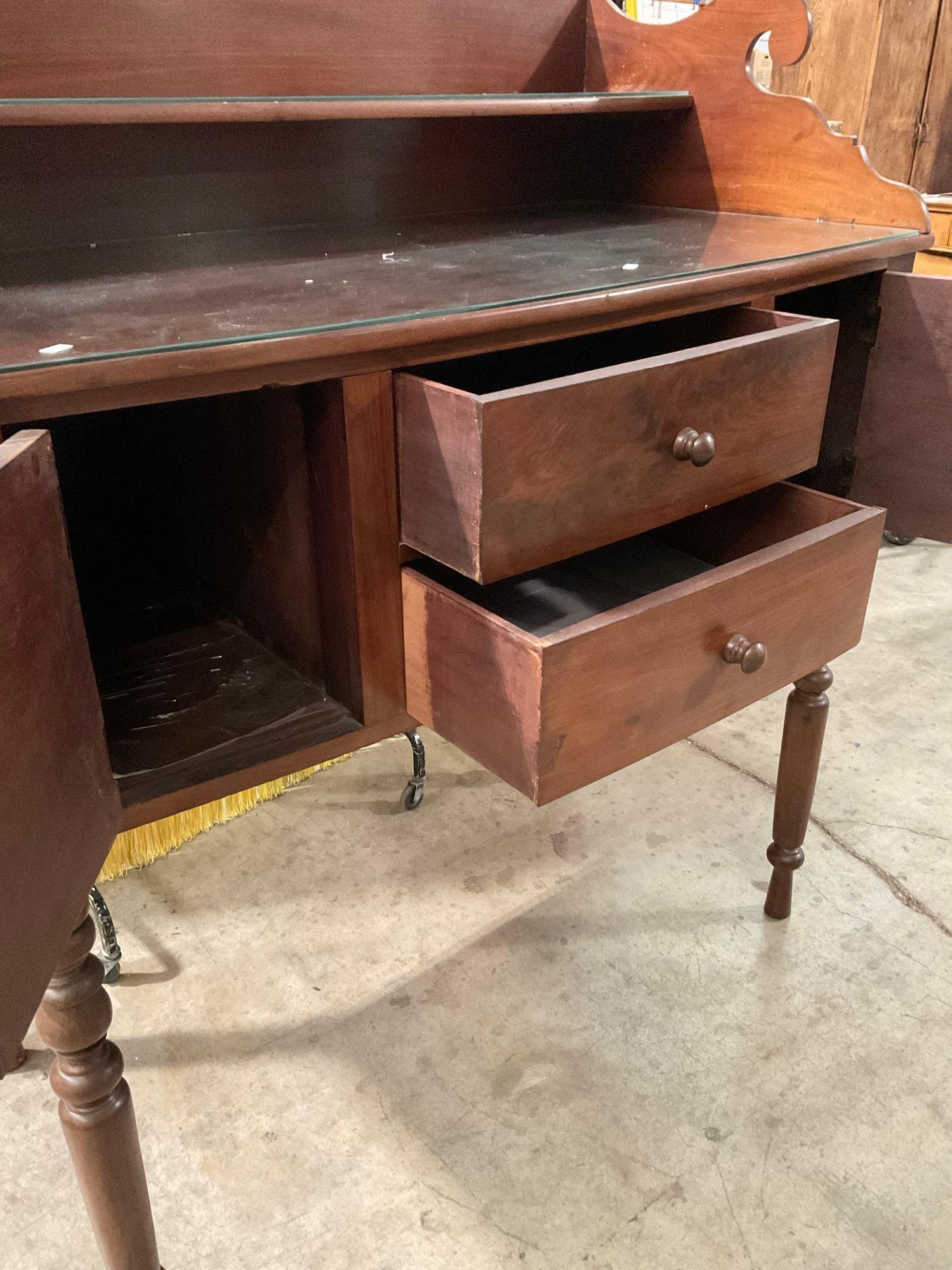 Vintage Wooden Glass Topped Two-Tier Side Server w/ 2 Drawers & 2 Cupboards. See pics.