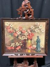 1930's Print of Flowers & Statue Under Glass, in Wooden Frame