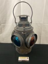 Antique The Adlake Non-Sweating Lamp Railroad Signal Lamp, Blue/Yellow Glass all original