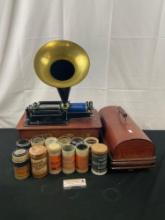 Antique 1906 Edison Home Phonograph incl Model-H 4 Minute Reproducer, 12 wax cylinders Blue Amperol