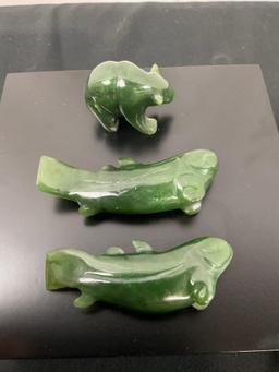 Trio of Handcarved Alaskan Jade Pieces, pair of Salmon & a small Bear