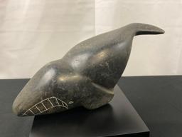 Handcarved Alaskan Stone Whale Carving, signed by artist Henry Lisbourne