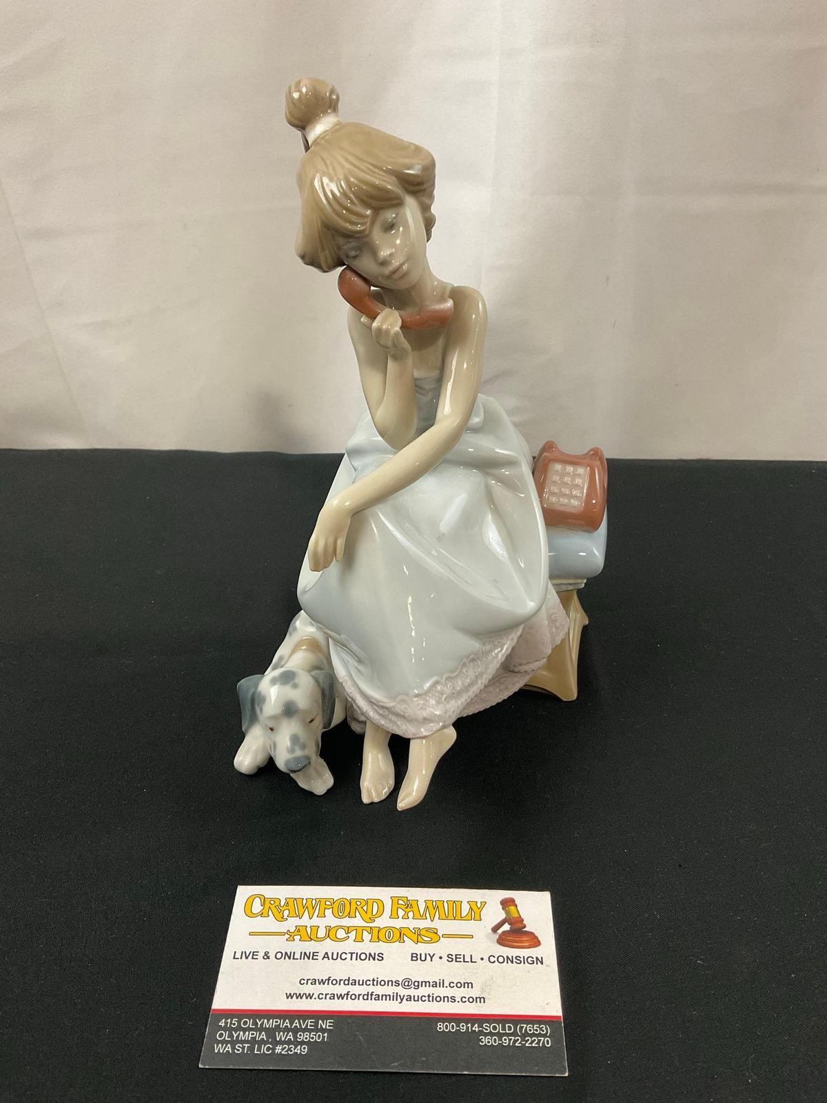 Vintage Lladro Figurine Chit Chat #5466, Girl on Phone w/ Dog at foot