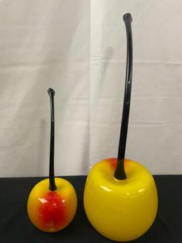 Blown Glass Pair of Rainier Cherries by Donald Carlson, yellow w/ a red splotch