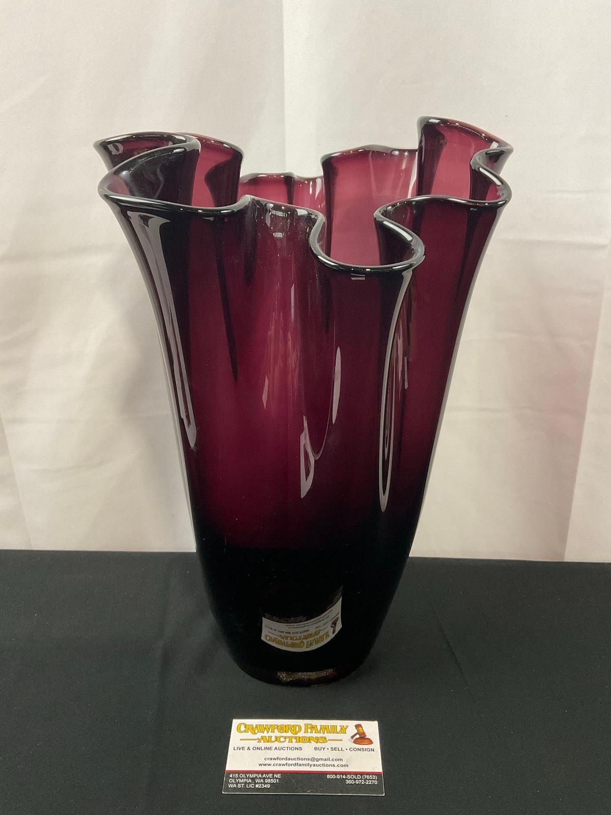 13 inch Large Blown Glass Purple Vase from the Crystal Fox Gallery Monterey, CA