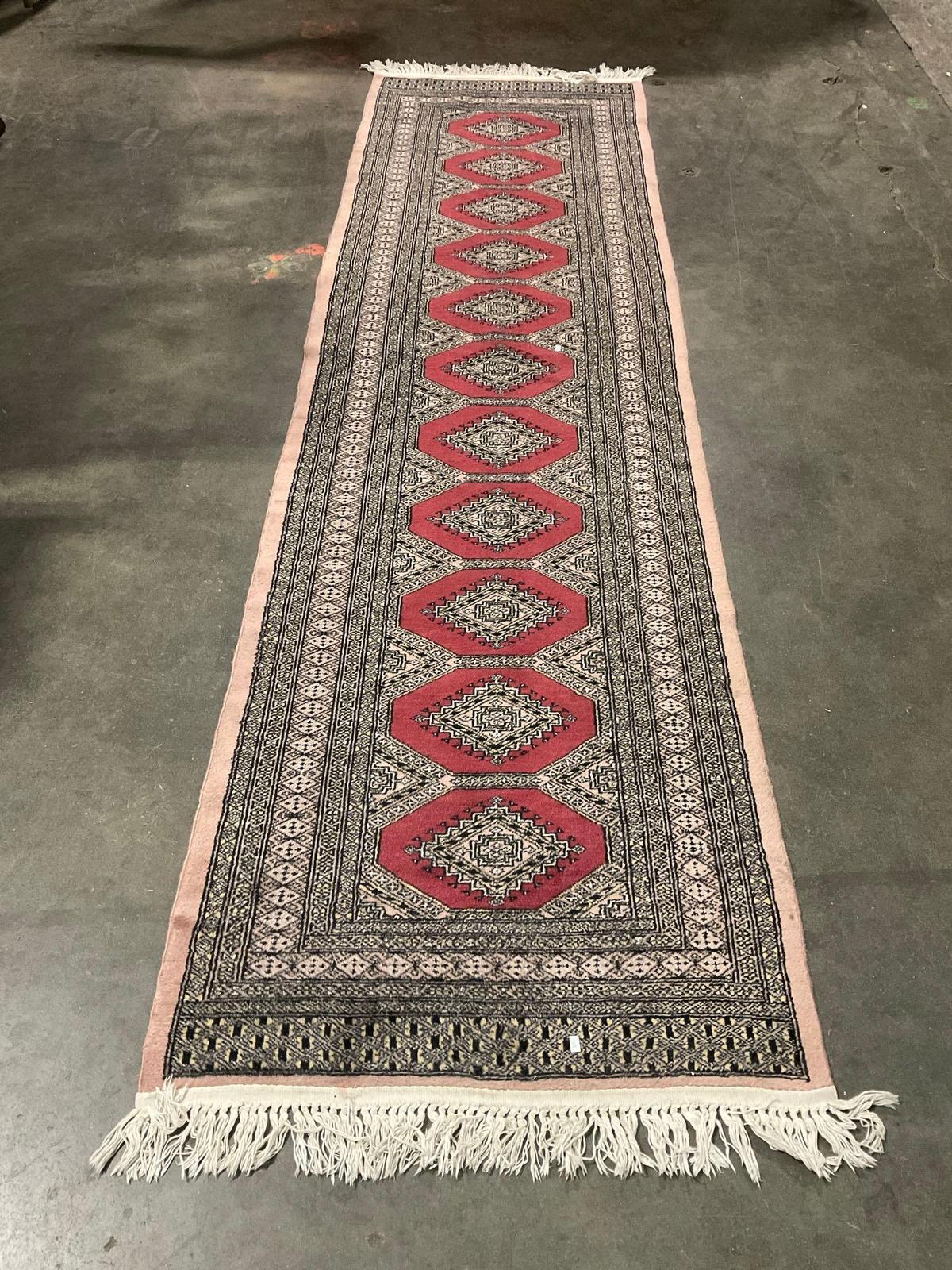 Vintage Wool Pink & Red Persian Hallway Runner Rug w/ Intricate Pattern. 123" x 32" See pics.