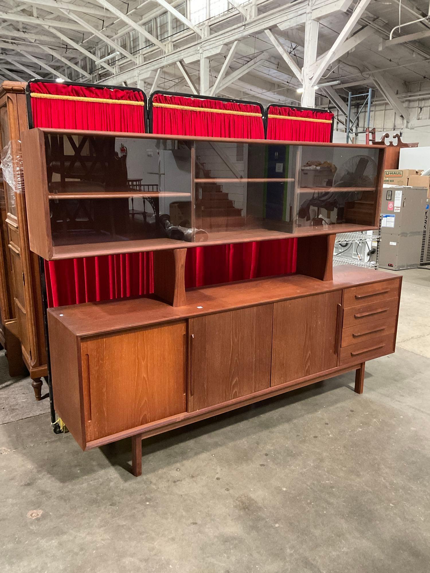 Vintage Mid-Century Modern Danish H. P. Hansen Teak Display Cabinet w/ Sliding Glass Doors. See p...