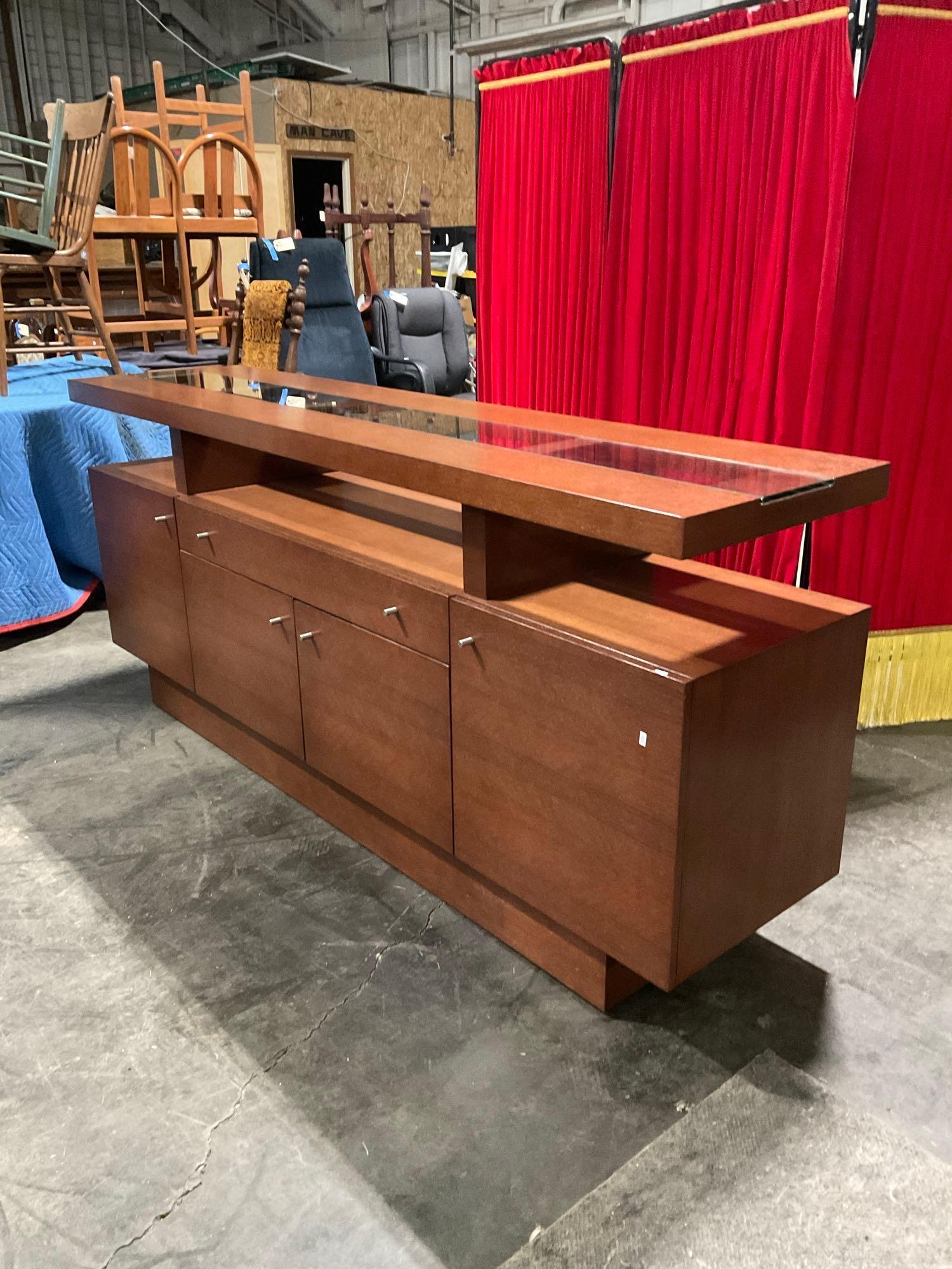 Modern Creative Elegance Oak Veneer Buffet w/ Glass Top, 4 Cupboards, 2 Shelves & 1 Drawer. See