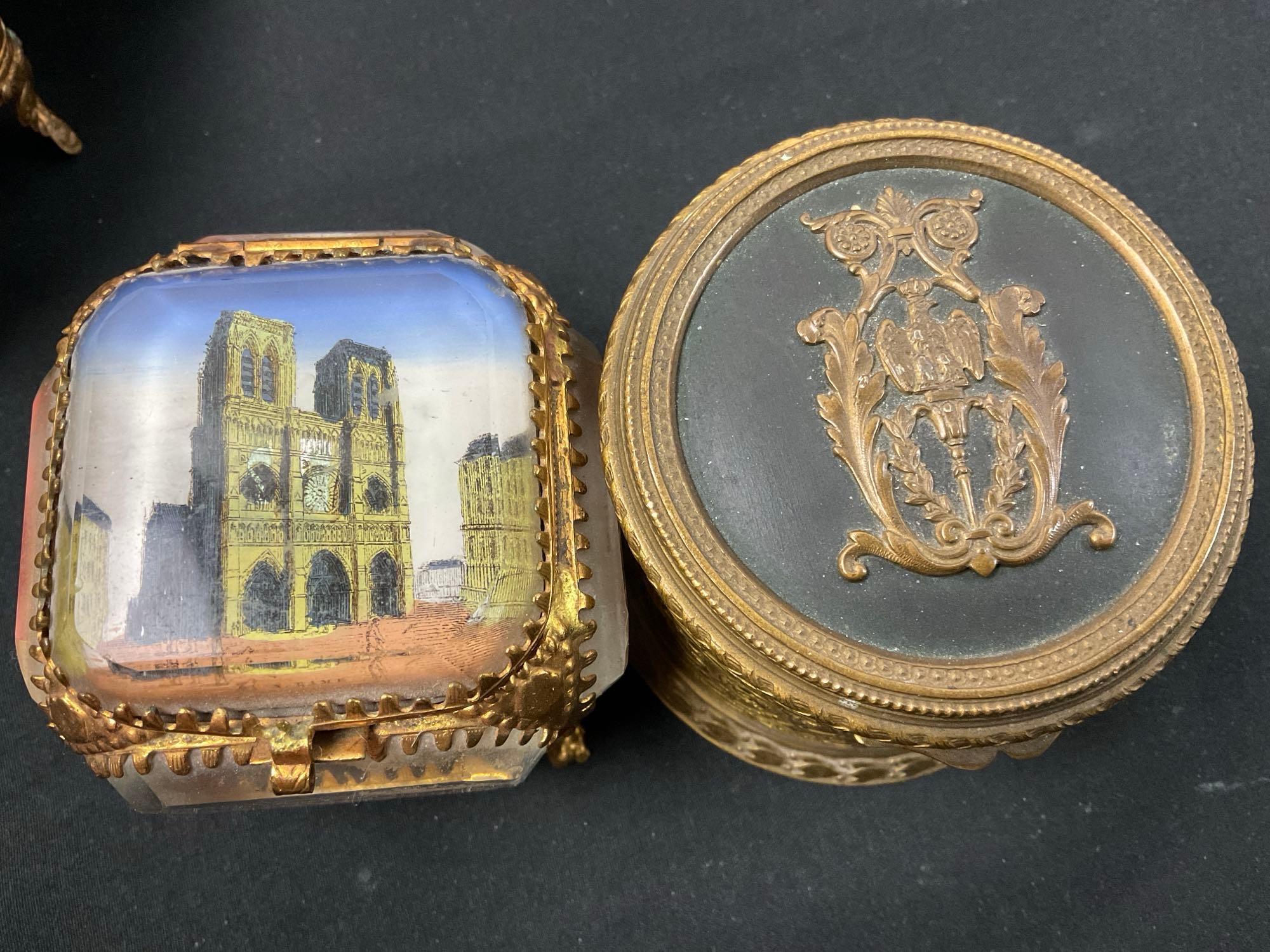 Trio of Antique Ornate Jewelry Boxes, Brass Cylinder w/ emblemed lid, Notre Dame & Sacre-Coeur Bo...