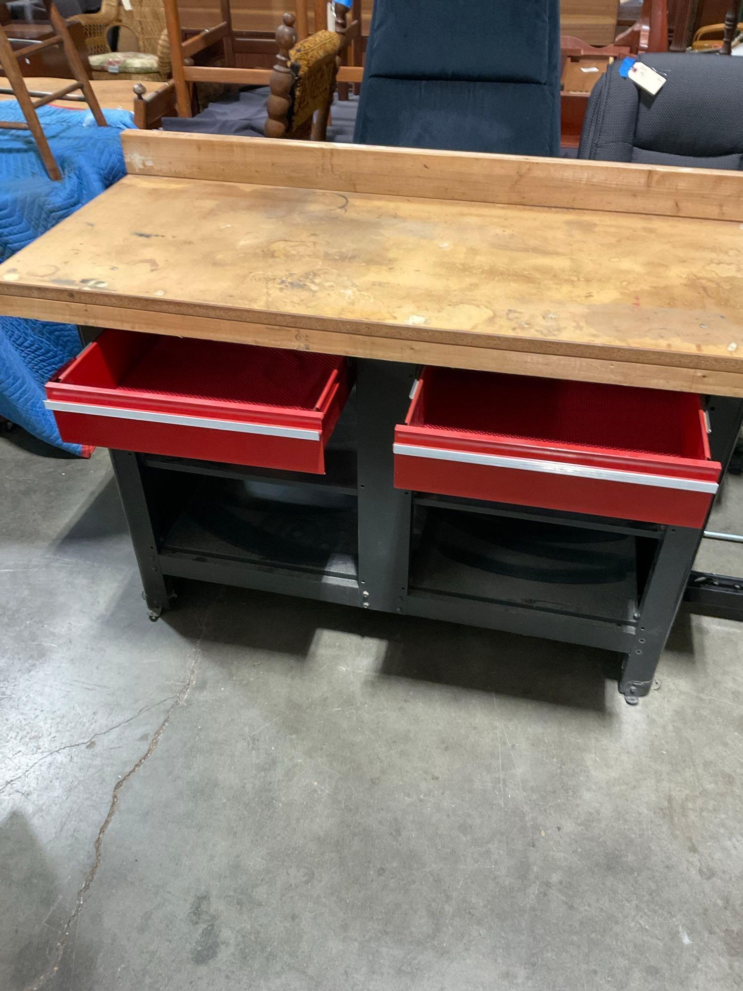Wooden Work Bench w/ Metal Framing, Drawers & Cubby's - See pics
