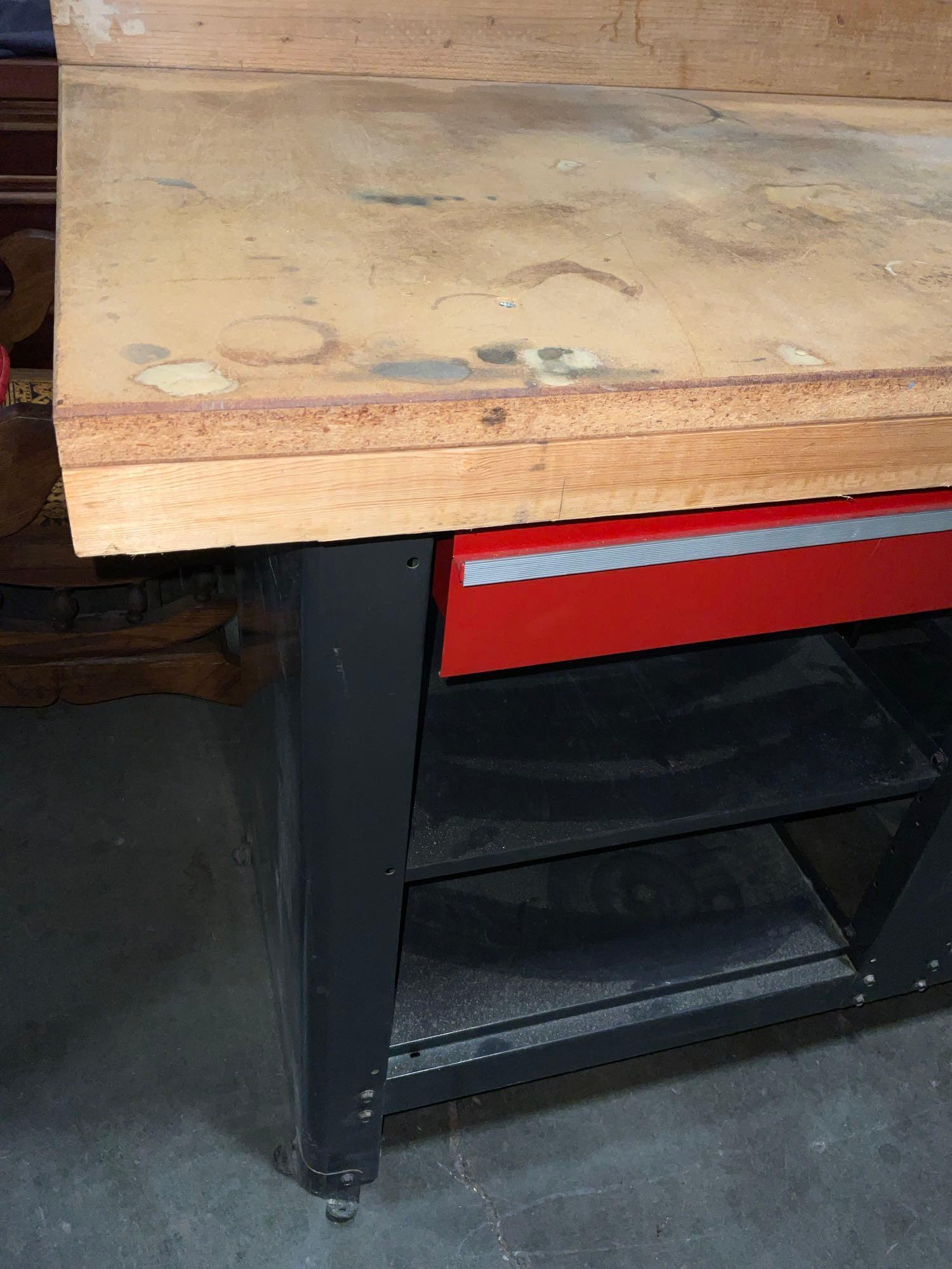 Wooden Work Bench w/ Metal Framing, Drawers & Cubby's - See pics