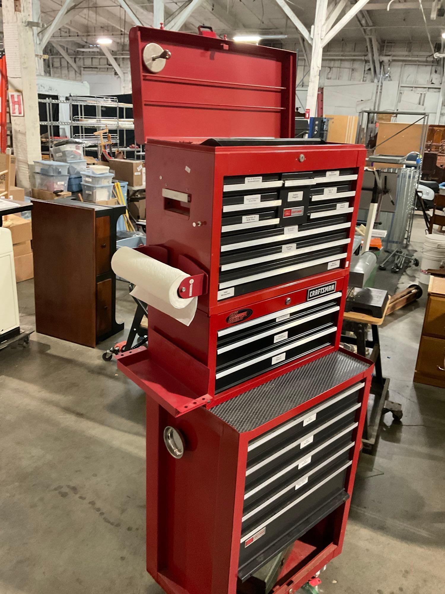 Large Craftsman 3pc Rolling Locking Toolbox / Cart Filled w/ misc tools incl. Craftsman Socket se...