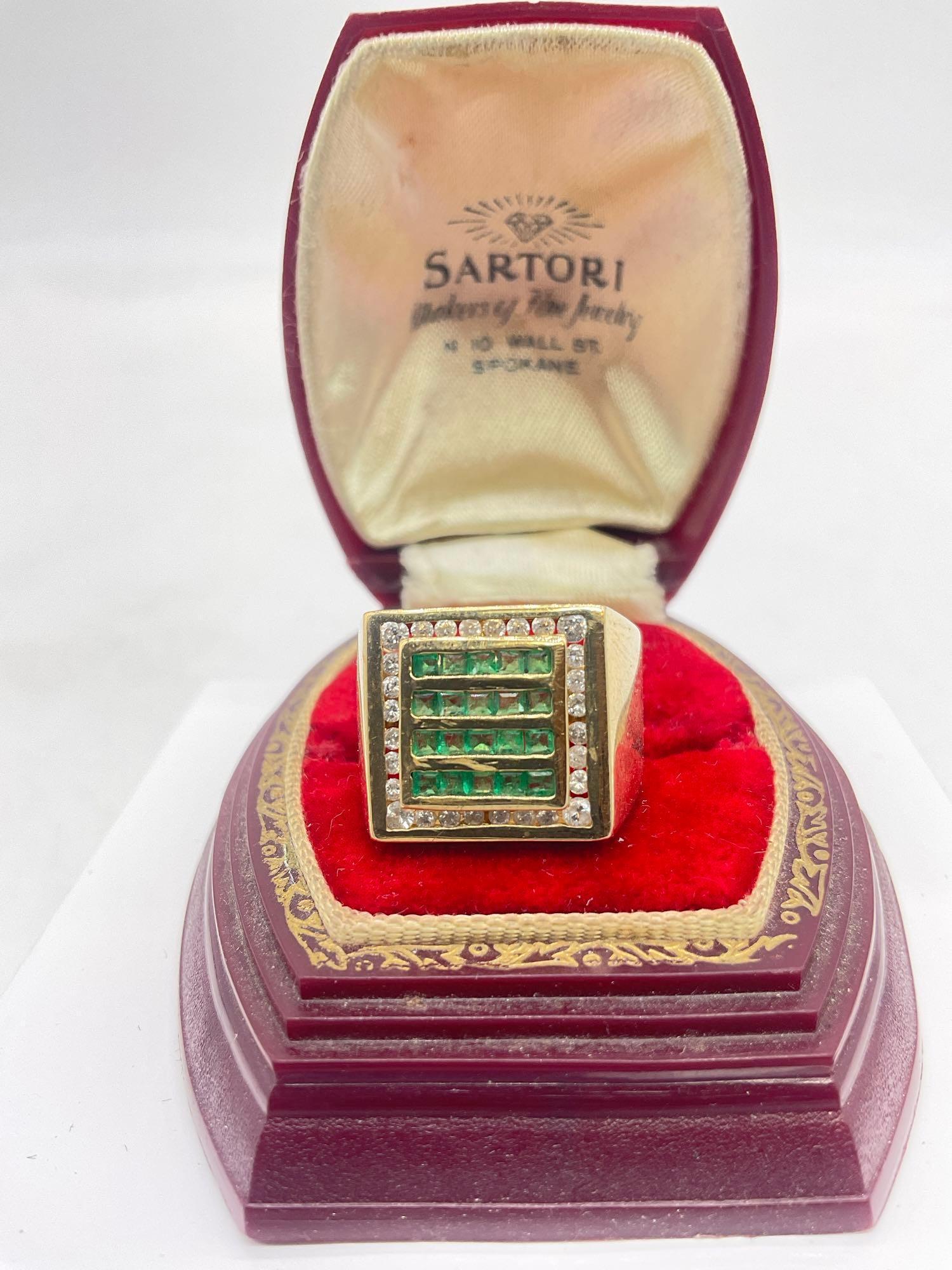 14k gold size 9 mens rings w/ emerald & diamond row setting - spectacular 10.65 gram ring