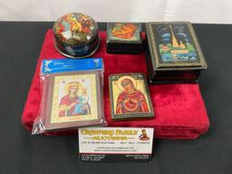 5 Handpainted Russian Lacquered Religious Jewelry Boxes, and Small Icon Panels