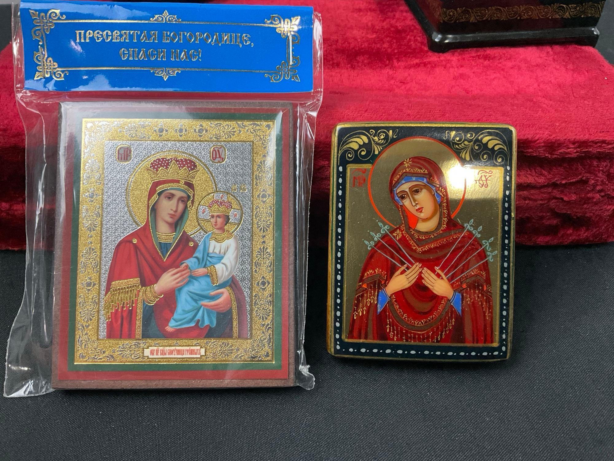 5 Handpainted Russian Lacquered Religious Jewelry Boxes, and Small Icon Panels