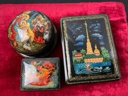 5 Handpainted Russian Lacquered Religious Jewelry Boxes, and Small Icon Panels