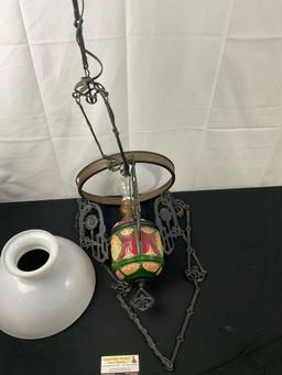 Electrified Hanging Hurricane Lamp w/ ornate cast metal accents & opaque glass shade