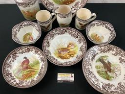 Spode Woodland Pattern China, 18 total pieces, plates, pie dish, cookie jar and more