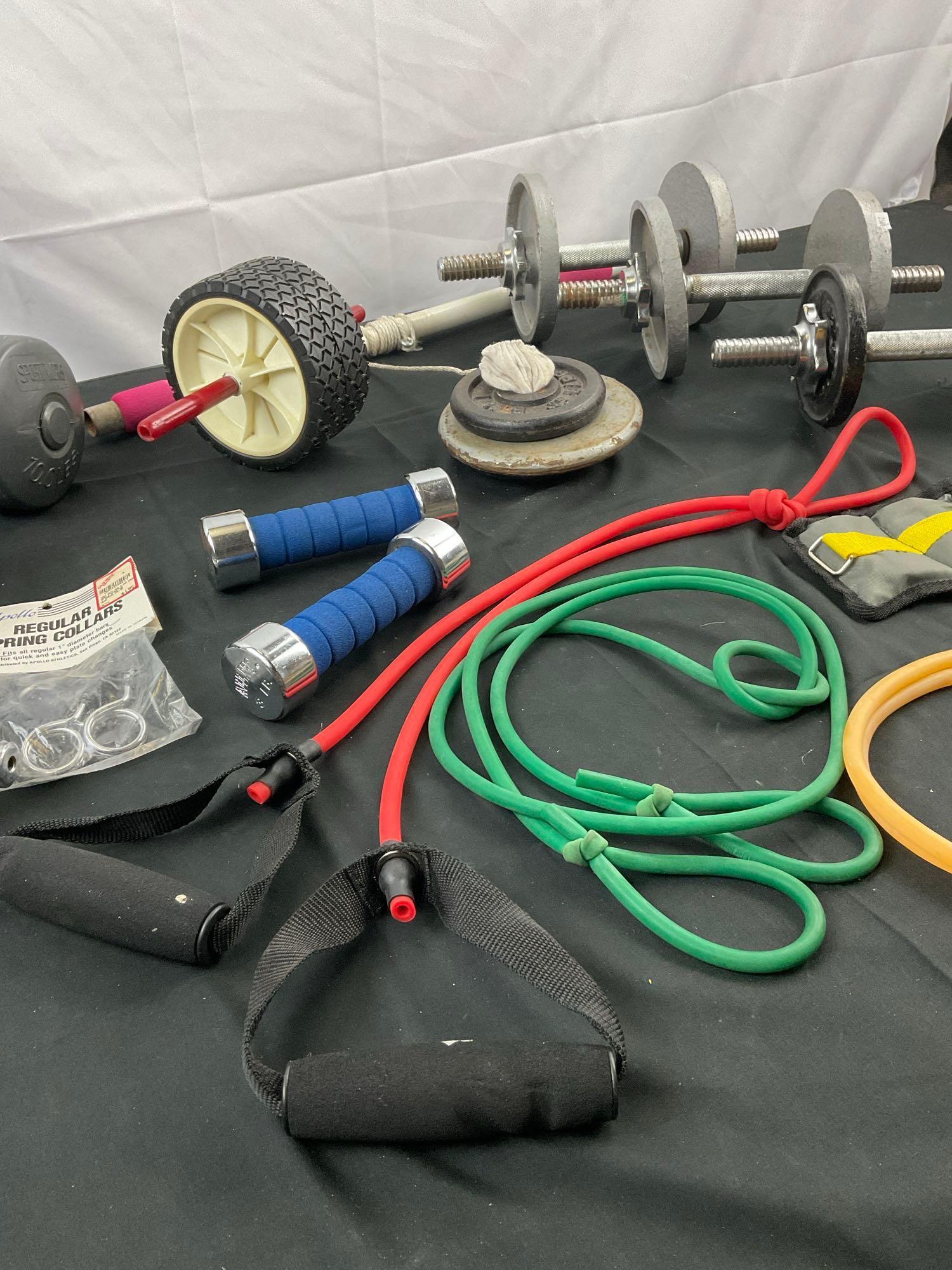 15 pcs Vintage Home Gym Work Out Exercise Equipment Assortment. Sport Works 10 LB Barbells. See