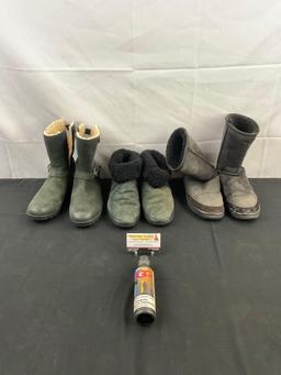 3 Pairs Worn Ugg Suede Leather Boots. Black Size M9-L10. Dark Green M8-L9. Dark Green L9. See pics.