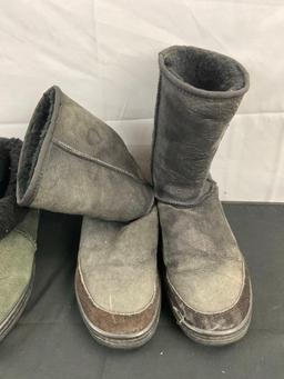 3 Pairs Worn Ugg Suede Leather Boots. Black Size M9-L10. Dark Green M8-L9. Dark Green L9. See pics.
