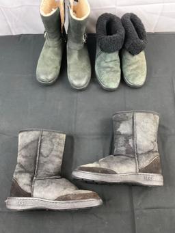 3 Pairs Worn Ugg Suede Leather Boots. Black Size M9-L10. Dark Green M8-L9. Dark Green L9. See pics.