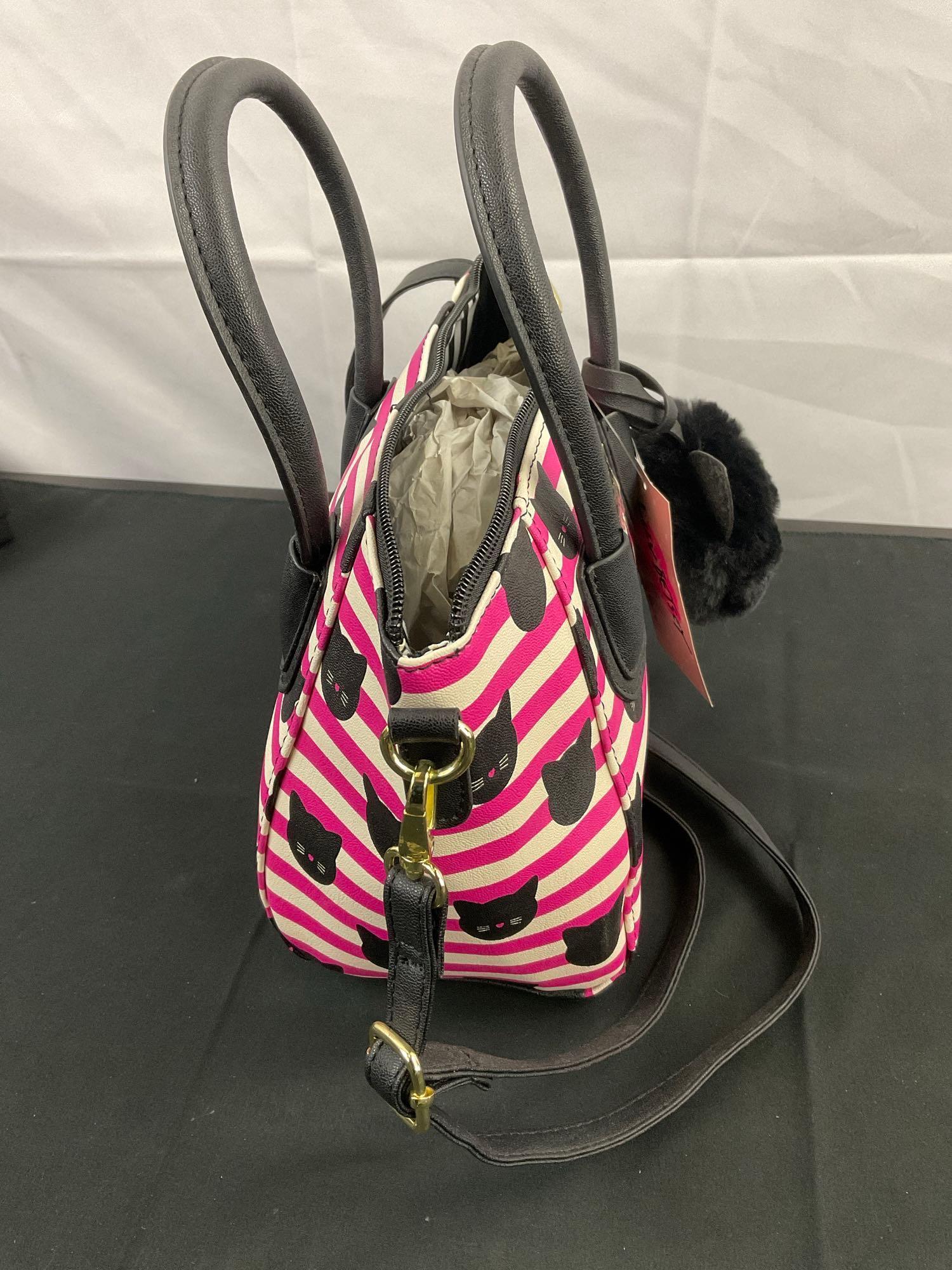 2 pcs Betsey Johnson Ladies Accessories. Luv Betsey Striped Purse & Enamel Cat Necklace. Like New.