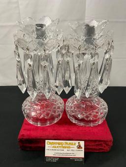 Pair of Waterford Crystal Candle Holders, w/ Hanging Prisms, Lismore pattern