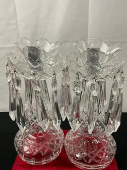 Pair of Waterford Crystal Candle Holders, w/ Hanging Prisms, Lismore pattern
