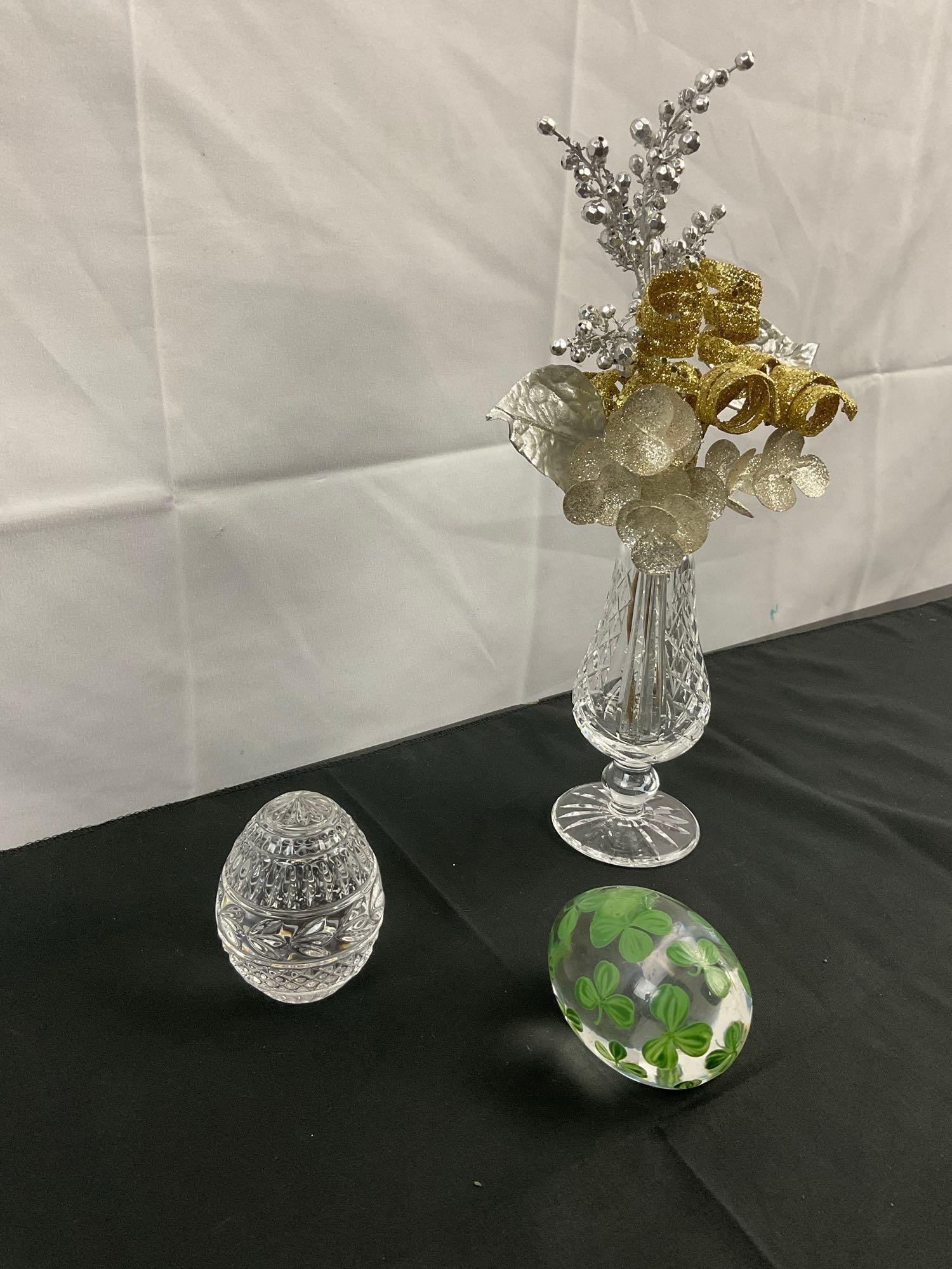 3 pcs Vintage Crystal Decorative Assortment. Ekenas Egg, Waterford Vase, Franklin Mint Egg. See