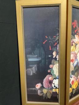 Floral Printed Leather Folding Screen, Four Panels, Large Flower Display Still Life