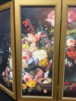 Floral Printed Leather Folding Screen, Four Panels, Large Flower Display Still Life