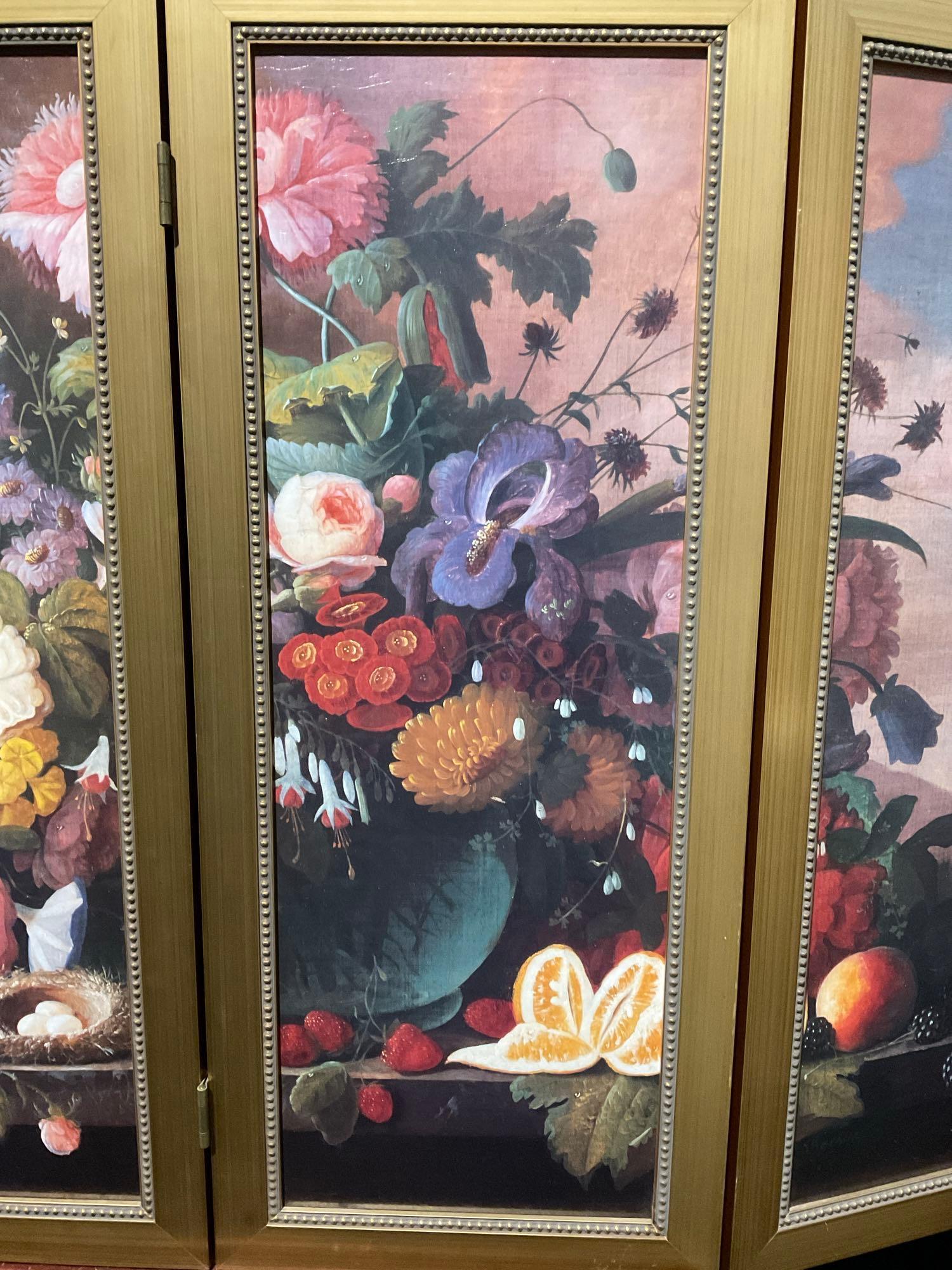 Floral Printed Leather Folding Screen, Four Panels, Large Flower Display Still Life