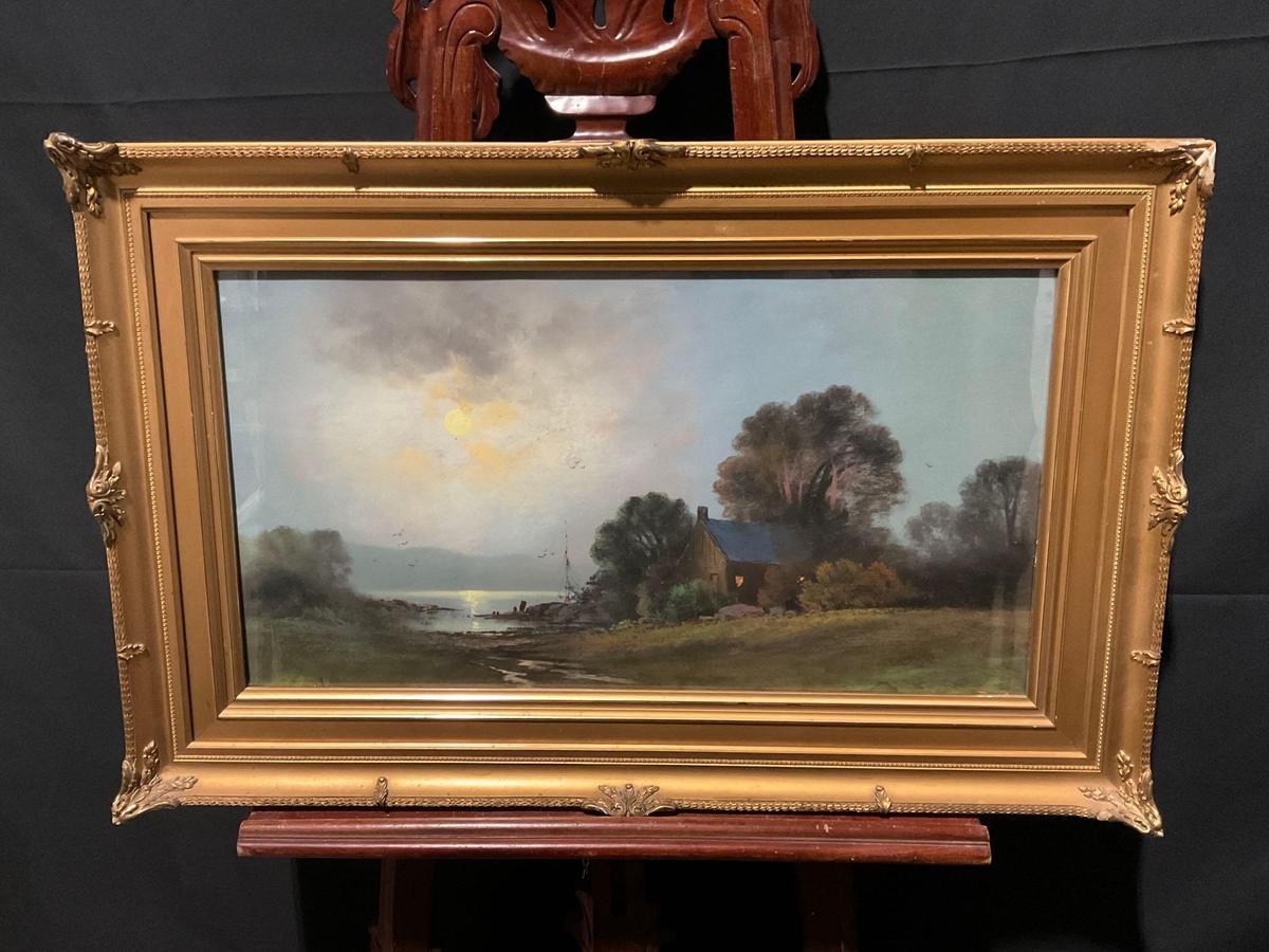 Gilt Framed Vintage Pastel Landscape Cabin near the Lake