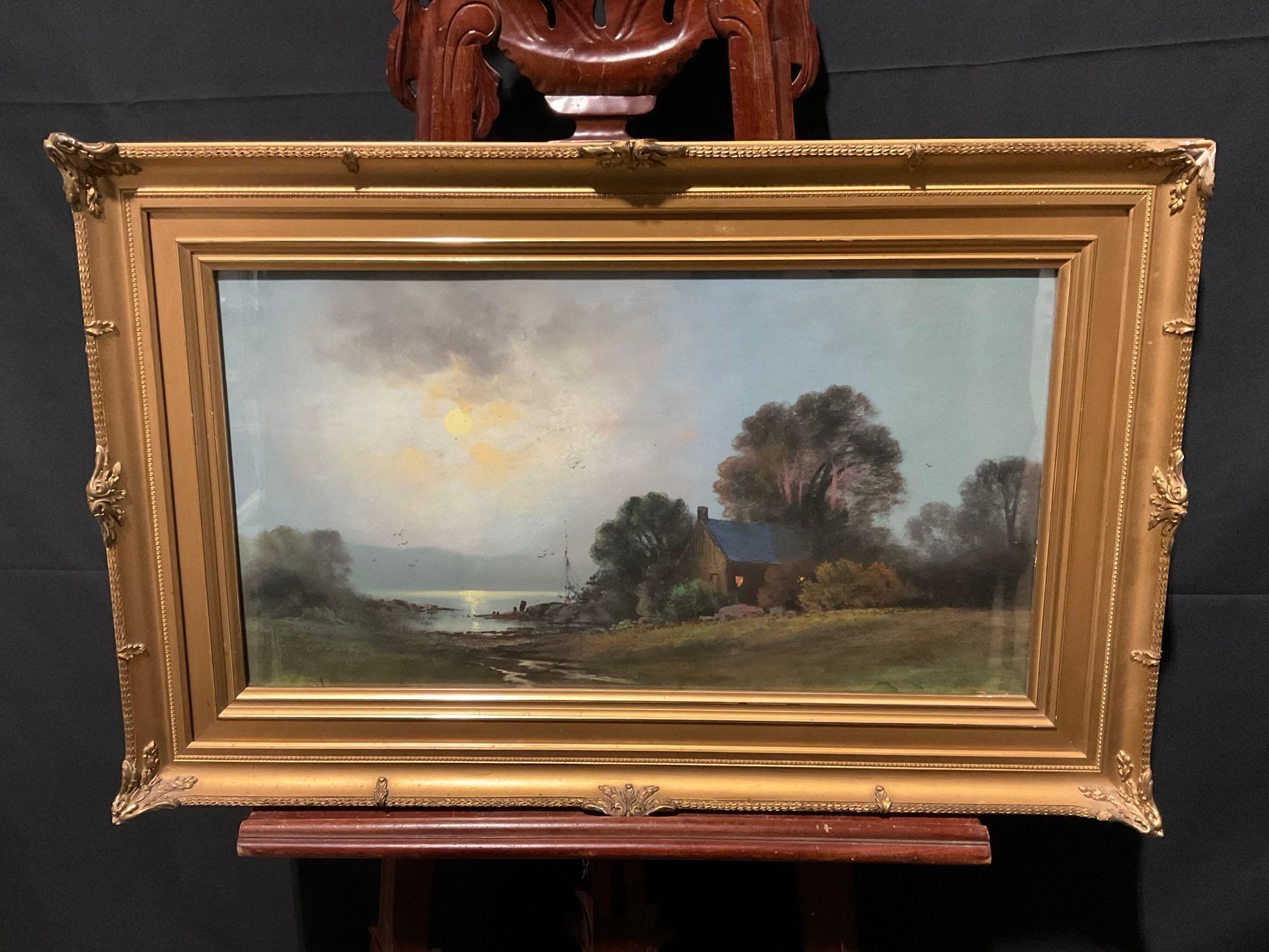 Gilt Framed Vintage Pastel Landscape Cabin near the Lake