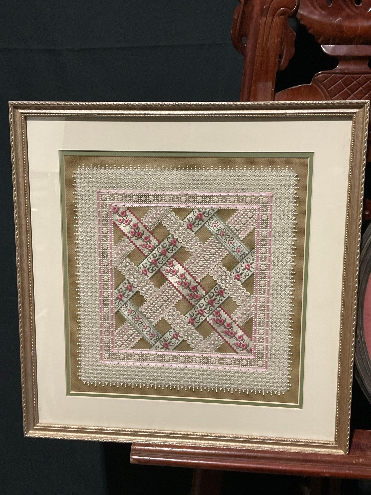 Pair of Framed Embroidered Lace Sampler Pieces